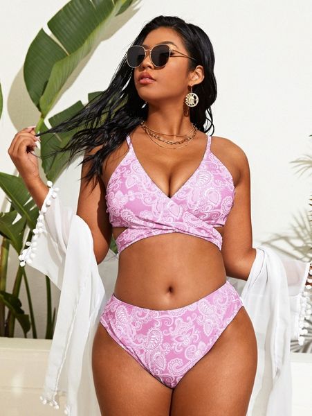 

plus paisley print wrap bikini swimsuit i11s#, Black