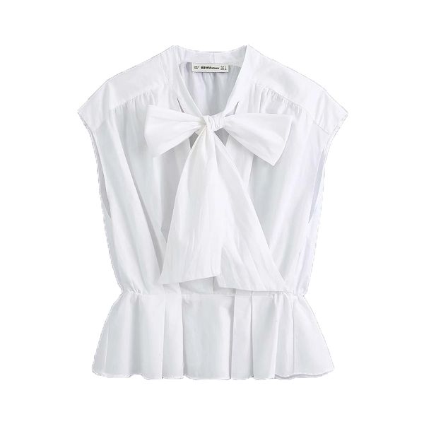 Mulheres Elegante Moda Escritório Desgaste Ruffled Blusas Vintage Branco Curva Amarrado Colarinho Sem Mangas Camisas Meninas Chique Tops 210520