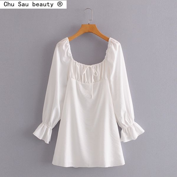 

fall women slim white vintage square collar flare long sleeve chest tie waist down mini dress vestido feminino 210508, Black;gray