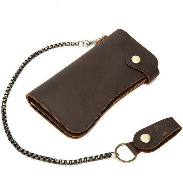 Atacado Homens loucos de Cavalo Couro Longo Carteiras Retro Anti-Theft Cadeia de Cadeia Multi-Card Titular Purse 1219