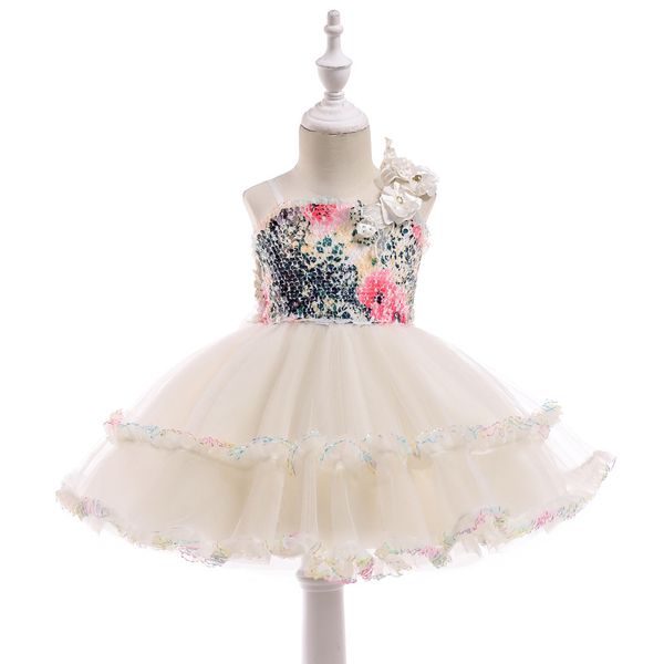 

children's princess dress autumn flower girl dress children's girls lace gift yarn skirt, White