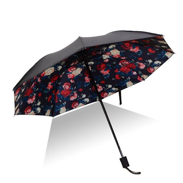 

umbrellas foldable windproof rainny sunny umbrella for women black coating upf sun protection floral pattern