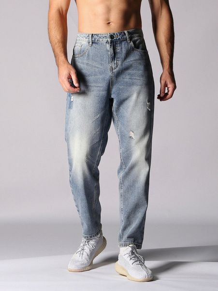 

men bleach wash ripped frayed cat scratch tapered jeans i2mz#, Blue
