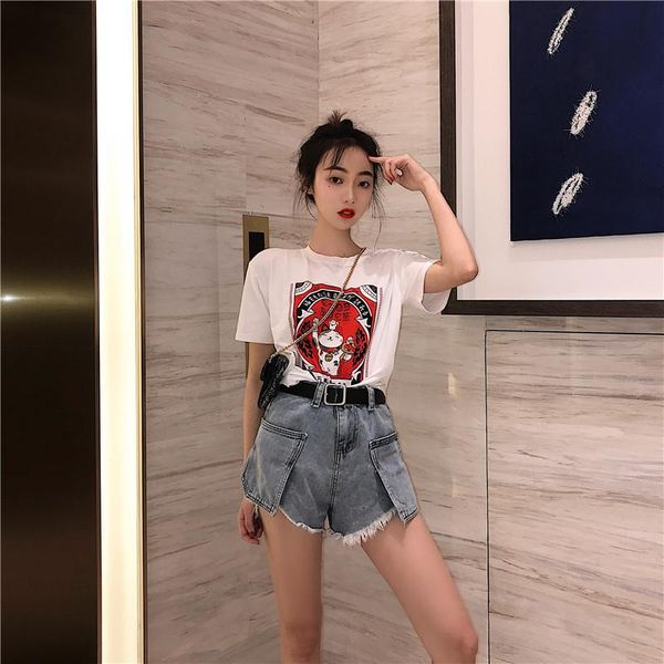 

summer women's clothing kawaii cat print o-neck short sleeve ulzzang casual +denim shorts sets two piece set tracksuits, Gray