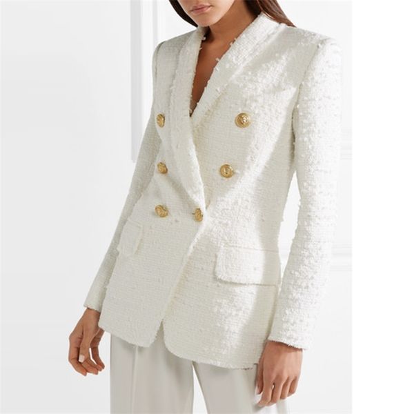 High Street EST Runway Designer Blazer Damen Metalltasten Tuch Schal Kragen Wolle Mischungen Tweed Mantel 210521