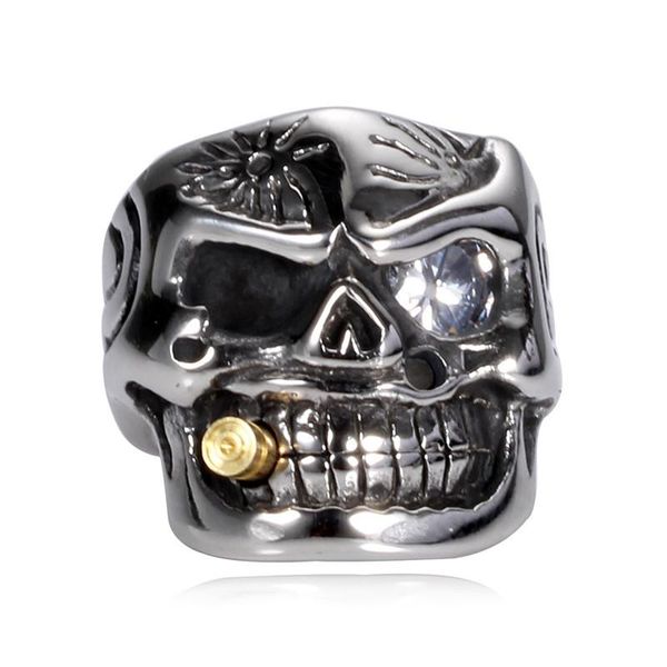 

cluster rings modyle punk jewellery 316l stainless steel men ring vintage viking skeleton finger band with crystal eye men's jewelry, Golden;silver