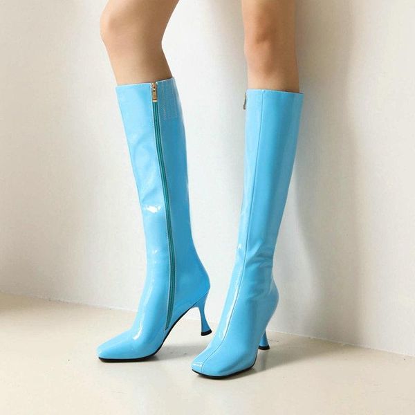 

boots patent leather women autumn winter knee high fashion square toe heel long candy color women's shoes, Black