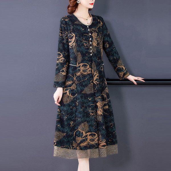 

large size for high-end fashion moms released mid-autumn length korean female floral dress y1066 0fnk, Black;gray