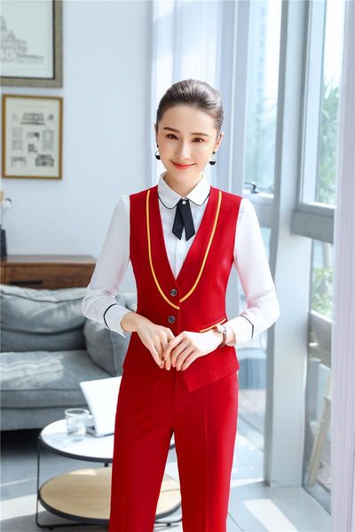 

novelty red uniform styles pantsuits with 2 piece set pants and vest & waistcoat for office ladies professional work blazers women's tw, White