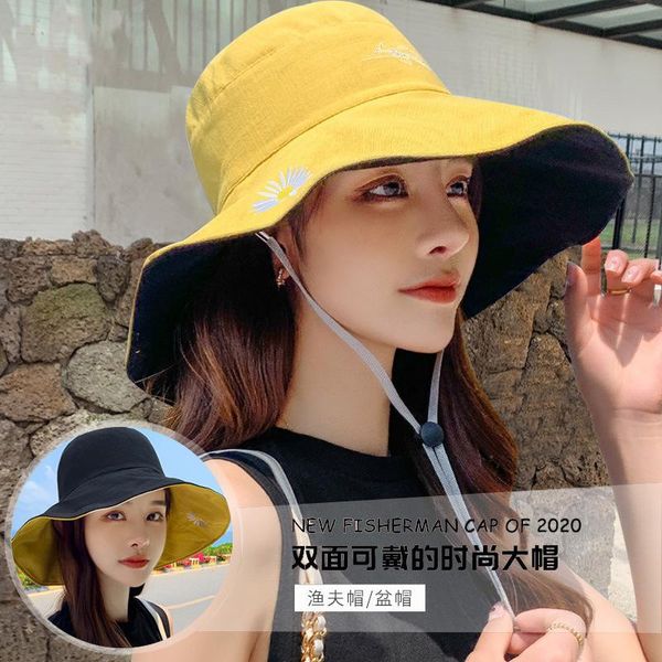 

spring and summer fisherman hat be worn on both sides for female sun sunshade tide daisy collapsible big brim wide hats, Blue;gray