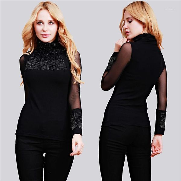 

women blouses women's turtleneck diamond stud long sleeve blouse mesh slim basic & shirts, White