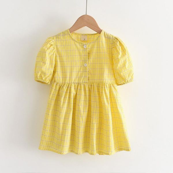

girl's dresses girls princess 2021 summer kids baby plaid cotton vestidos short sleeve children button elegant costumes, Red;yellow
