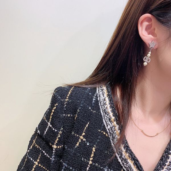 

c2096 korean wave fashion new pearl earrings inlaid with c letter tassel eardrop women geometric accessories, Golden;silver
