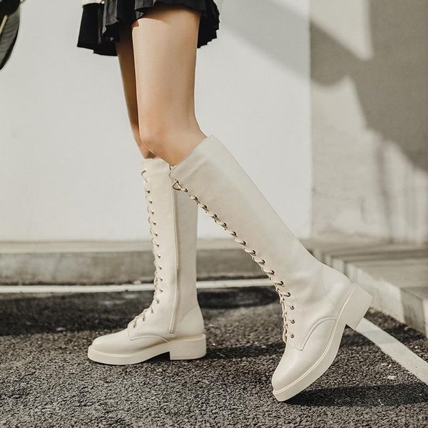 

dress shoes boots women's 2021 lace up knee length high cylinder knight, Black