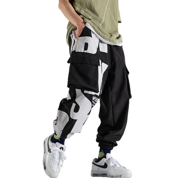 

men's pants mens cargo 2021 multi pockets joggers hip hop sweatpants japanese streetwear wide leg trousers, Black
