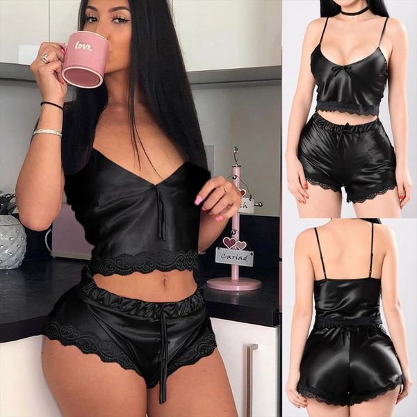 

satin silk set lace womens sleepwears v neck camisole shorts lingerie pajamas solid sleeveless black home clothes, Black;red