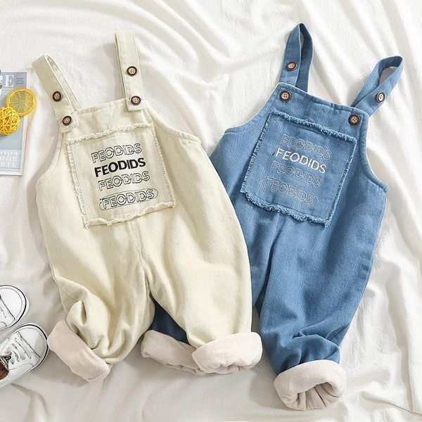 

children's overalls winter kids plus velvet thicken jumpsuits fashion letter print cotton warm overall for baby boys girls, Blue