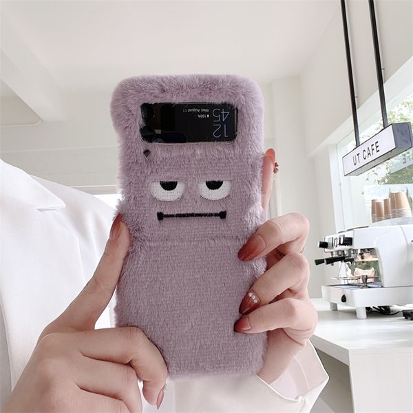 

cute soft fluffy warm fur samsung phone cases for z flip 3 5g 2 1 cartoon funny expression design protective case hard cover winter gift