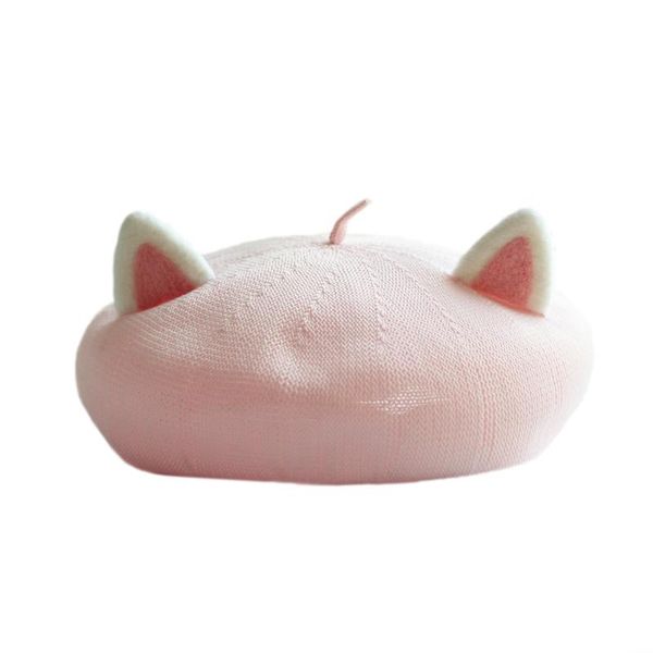 

berets sweet pink cat ear beret summer french hats for women artist ramie cotton handmade breathable hat, Blue;gray