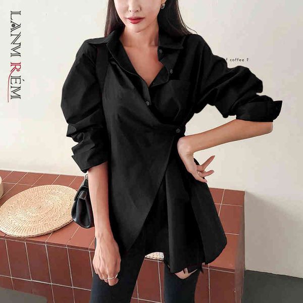 

white black shirt for women spring autumn irregular blouse female fashion asymmetry loose yh879 210507