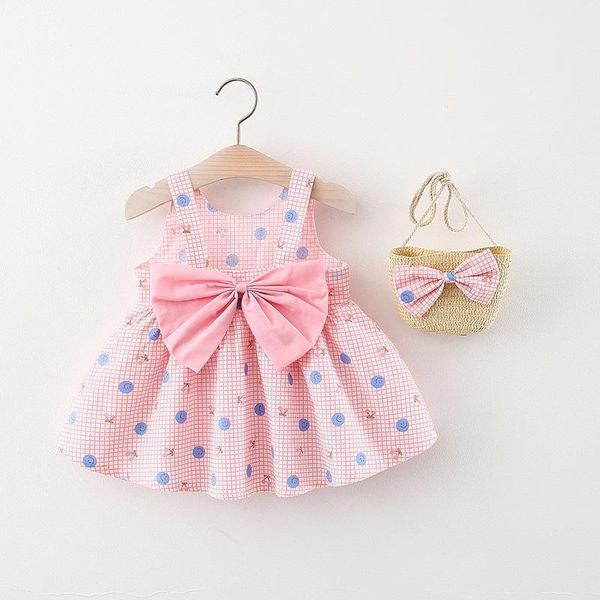

girl's dresses girls summer dress fashion sleeveless infant dot plaid print vest born baby girl cute bow sling vestidos with bag, Red;yellow