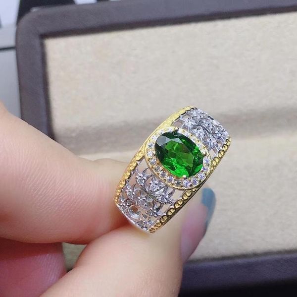

cluster rings natural and real diopside ring green 925 sterling silver fine jewelry for men or women, Golden;silver