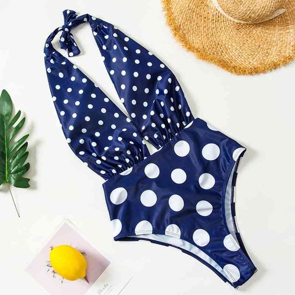 

20220 neck open back deep v-triangle one-piece wave point swimsuit, White;black