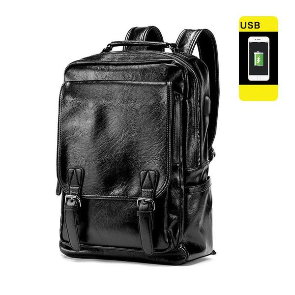 

backpack 2021 usb lapmen soft pu leather school bags for teenage boy bookbag casual large travel bag pack male black backbag