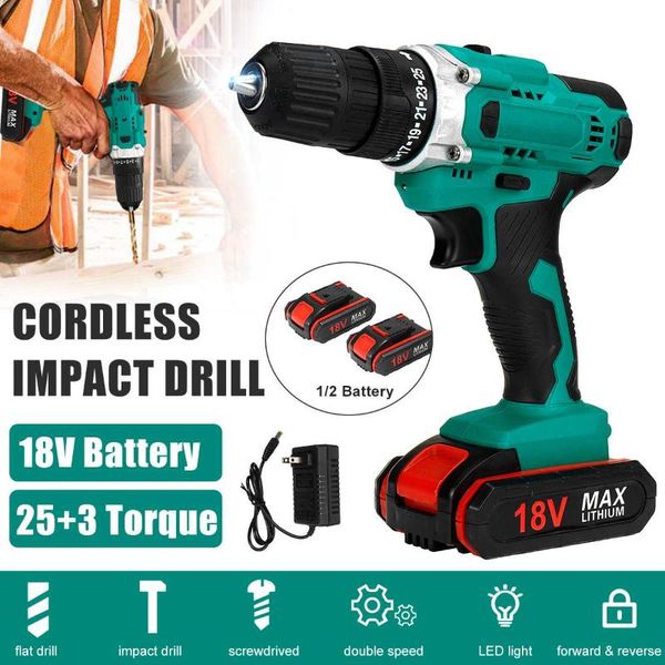 

3/8" 2-speed shift control 28 torque cordless impact electric drill screwdriver woodworking tool with 2pcs battery set professiona dril