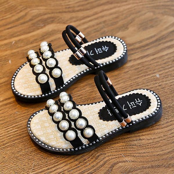 

slipper kids slippers for girls 2021 summer sandals 10 years flat heel fashion pearl elastic band shoe 26-36, Black;grey