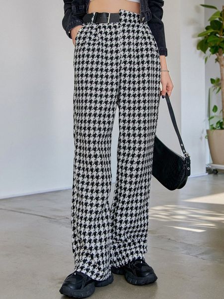 

dazy houndstooth print buckle waist pants t4nr#, Black;white