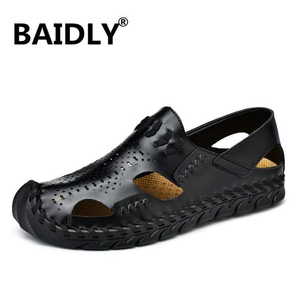 

brand men summer gladiator sandals fashion beach water shoes genuine leather comfortable casual, Black