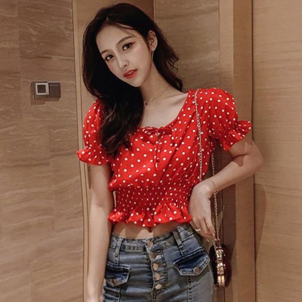 

women's blouses & shirts women summer blouse short sleeve ruffles chiffon fashion dot print v-neck female shirt, White