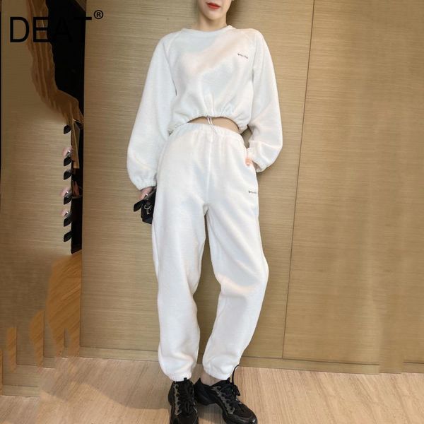 

women's two piece pants [deat] o-neck collar long sleeve leisure sports suit women short high waist casual 2021 spring and summer gx726, White