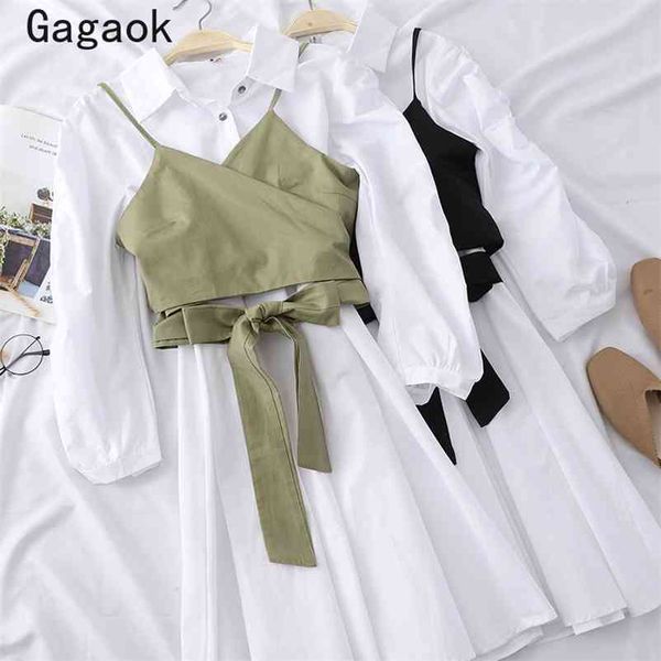 

office lady women fashion two piece set spring autumn lapel splid mini dresses +short wild camis korean k3789 210531, White