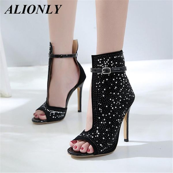 

sandals alionly crystal ankle straps buckle transparent cover heel pumps for women 2021 summer ladies party shoes, Black