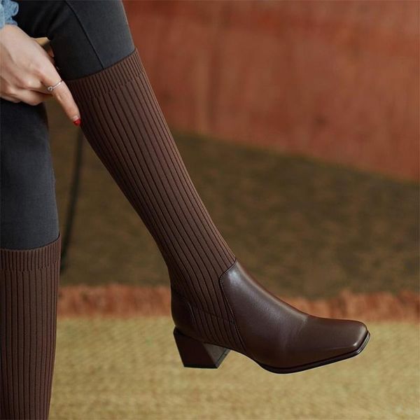 

boots mid-calf sock women warm ladies medias elegant female's thick bottom slip-on designer shoes, Black