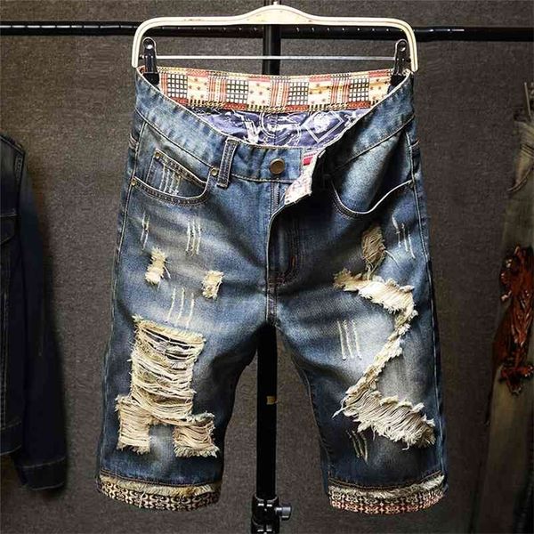 

summer new men's ripped short jeans streetwear big hole fashion vintage blue slim denim shorts brand clothes 210324, White;black