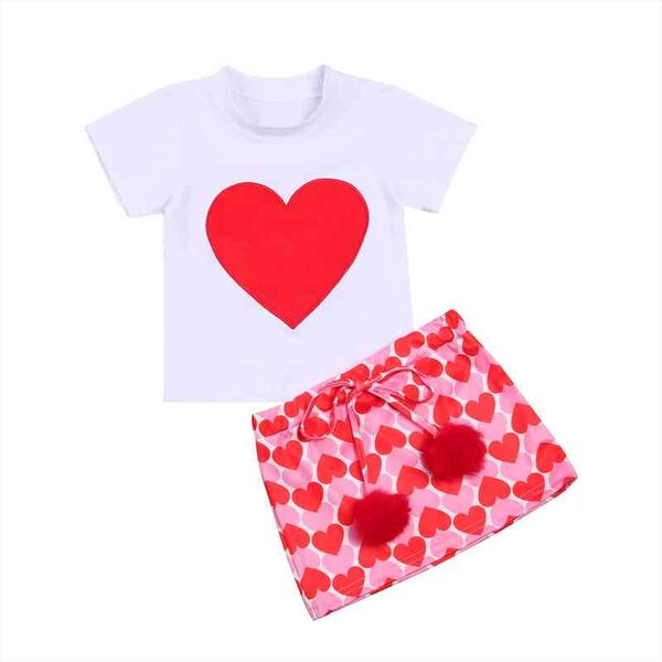 

citgeett summer valentines day kids baby girls heart printed 2pcs clothes suit short sleeve t-shirt a-line skirt, White