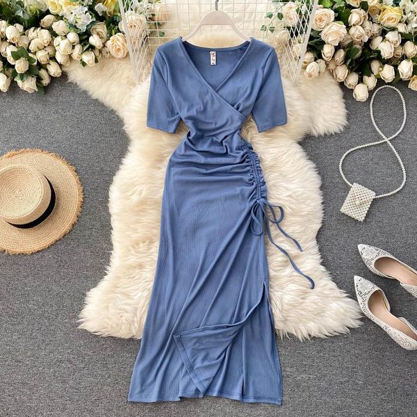 

casual dresses elegant drawstring ruched women dress autumn slim long sleeve v neck split party korean solid streetwear midi, Black;gray