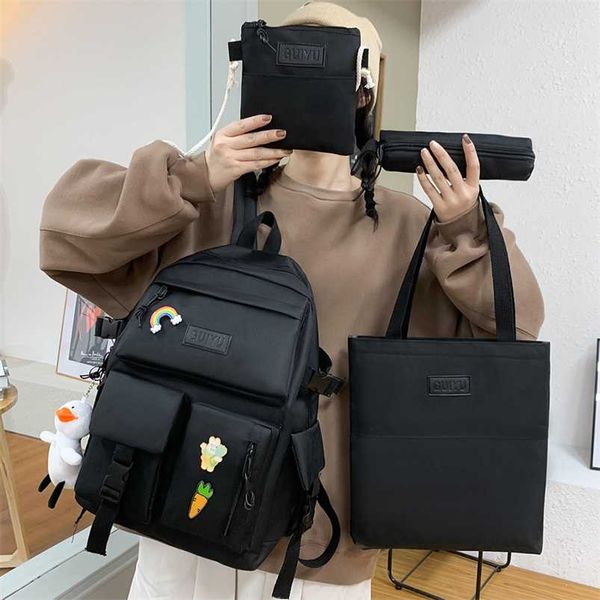 

4-piece set of harajuku style fashion women's backpack canvas waterproof school bags large-capacity all-match schoolbag 211018