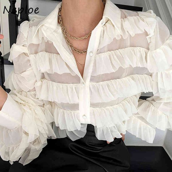 

neploe korean heavy work cupcake ruffles design blouse women turn down collar long sleeve loose blusas ol feminino shirt, White