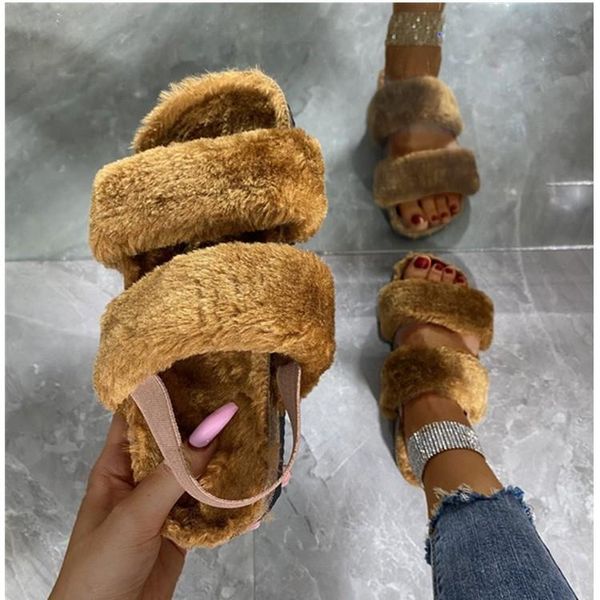 

slippers women's fashion net red plush winter slide hairy outdoor shoes, Black