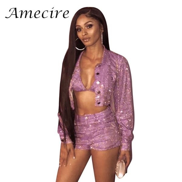 

amecire summer street wear glitter sparking jacket bra shorts 3 piece matching suit lady party for women outfits set two dress, White