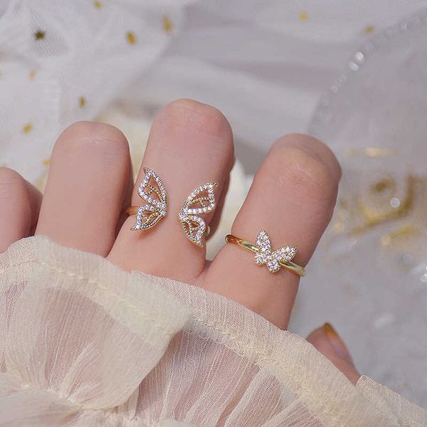 Anéis de banda coreana 14k 14K Gold Hollow Butterfly Ring CZ para mulheres Design aberto Design aberto Pavor de zircão Butterfly Ring Jewelry Gift G230213