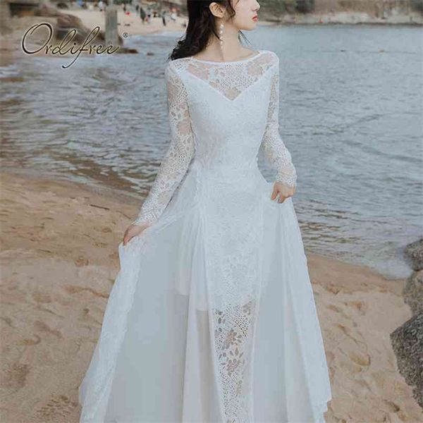 

summer women white lace long dress see through sleeve hollow out backless maxi vacation beach 210513, Black;gray