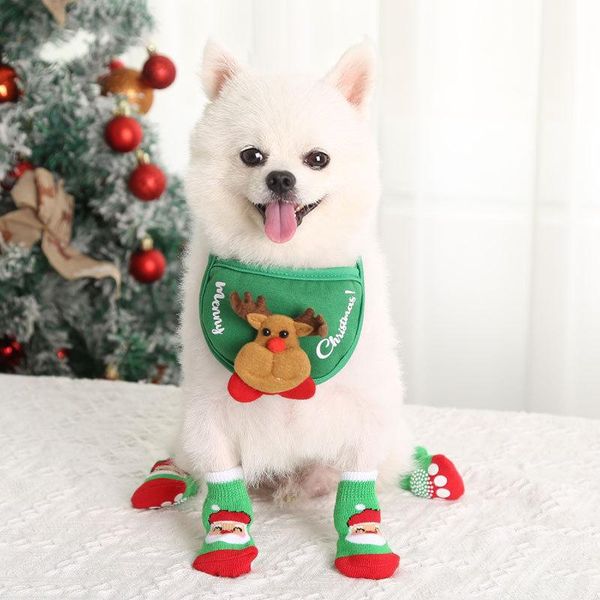 

dog apparel ly cat socks 4 pcs non-slip christmas shoes festival themed woven protector knitting pet supplies for floor indoor