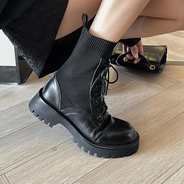 

boots ins women ankle natural leather 22-25cm cowhide upper + knitted boot tube platform shoes wome autumn and winter, Black