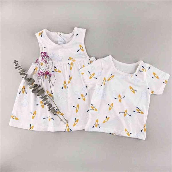 

summer casual style sleeveless dress kids girls cotton baby clothes brother sister matching clothing 210619, Red;yellow