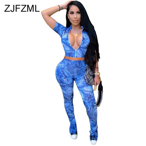 

women's tracksuits denim print zipper up short sleeve crop and split hem bodycon jogger activewear workout matching set two piece swea, Gray
